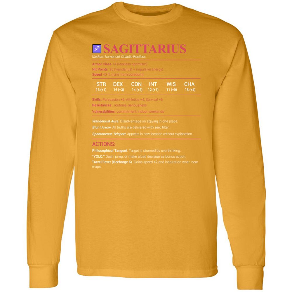 Sagittarius Stats Long Sleeve T-Shirt - Gold - 9