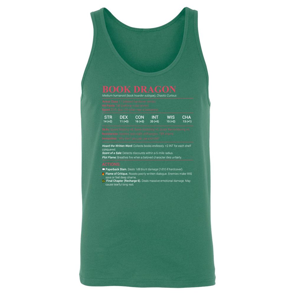 Book Dragon Stats Unisex Jersey Tank - Kelly - 9