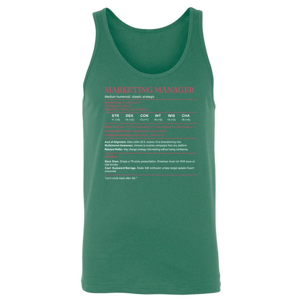 Marketing Manager Stats Unisex Jersey Tank - Kelly - 9