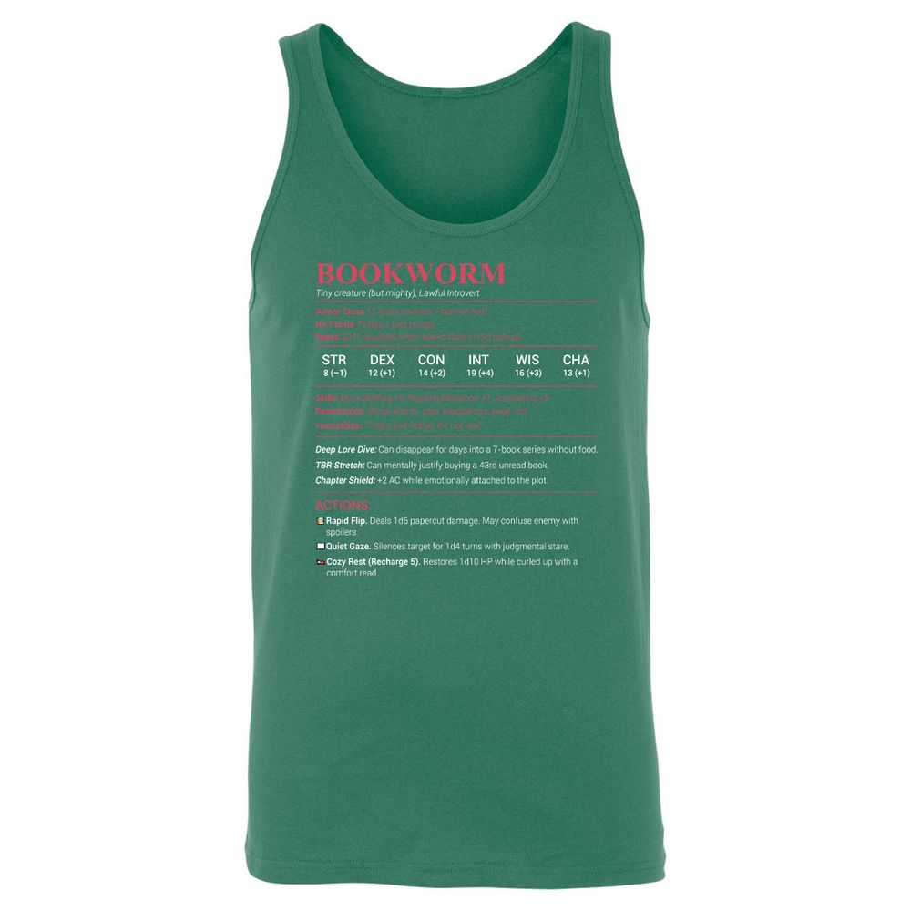 Bookworm Stats Unisex Jersey Tank - Kelly - 9