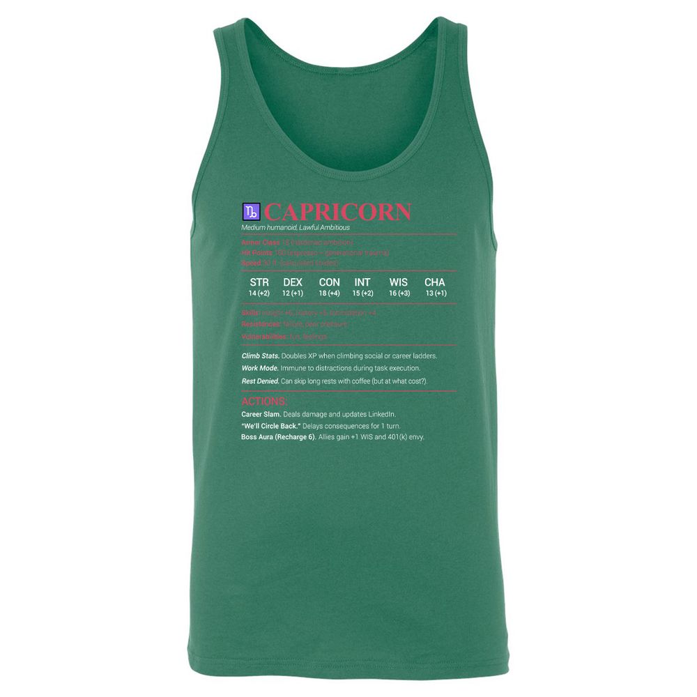 Capricorn Stats Unisex Jersey Tank - Kelly - 9