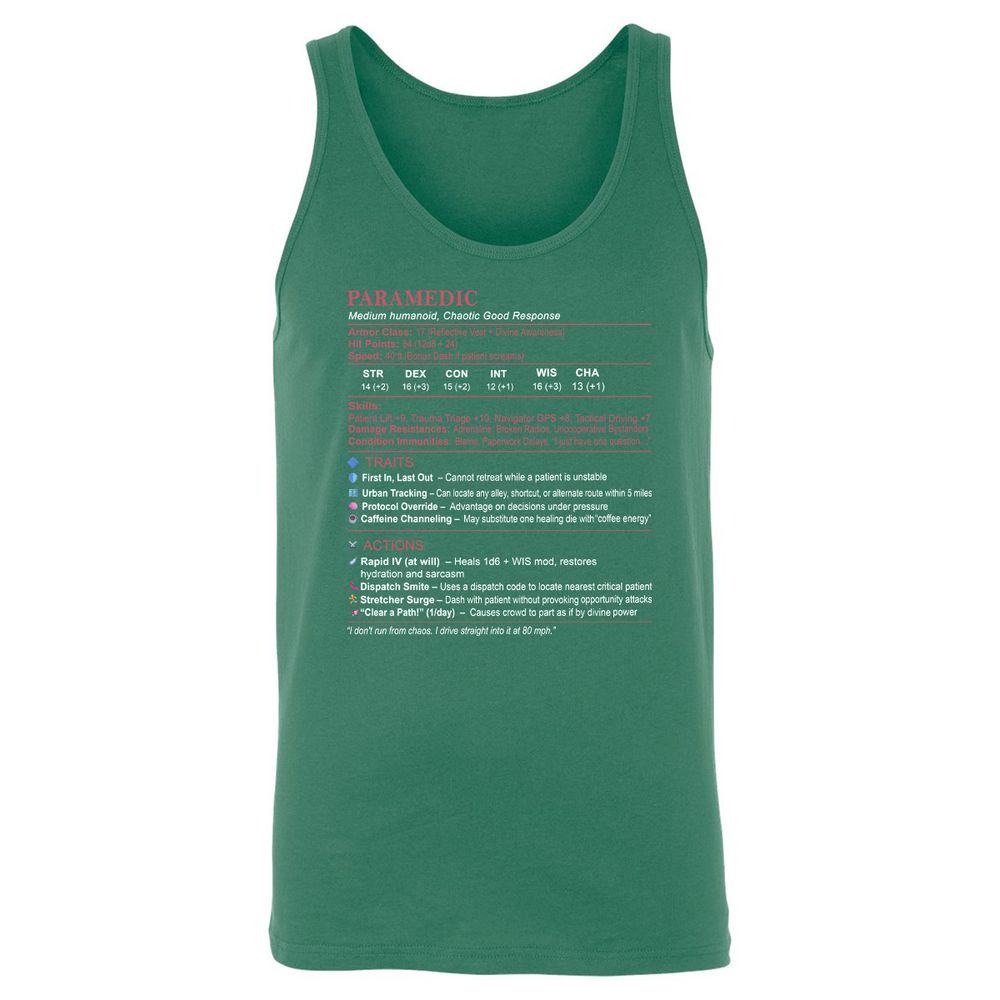 Paramedic Stats Unisex Jersey Tank - Kelly - 9