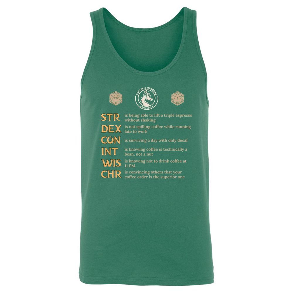 Coffee & Dragons RPG Stats Unisex Jersey Tank - Kelly - 9