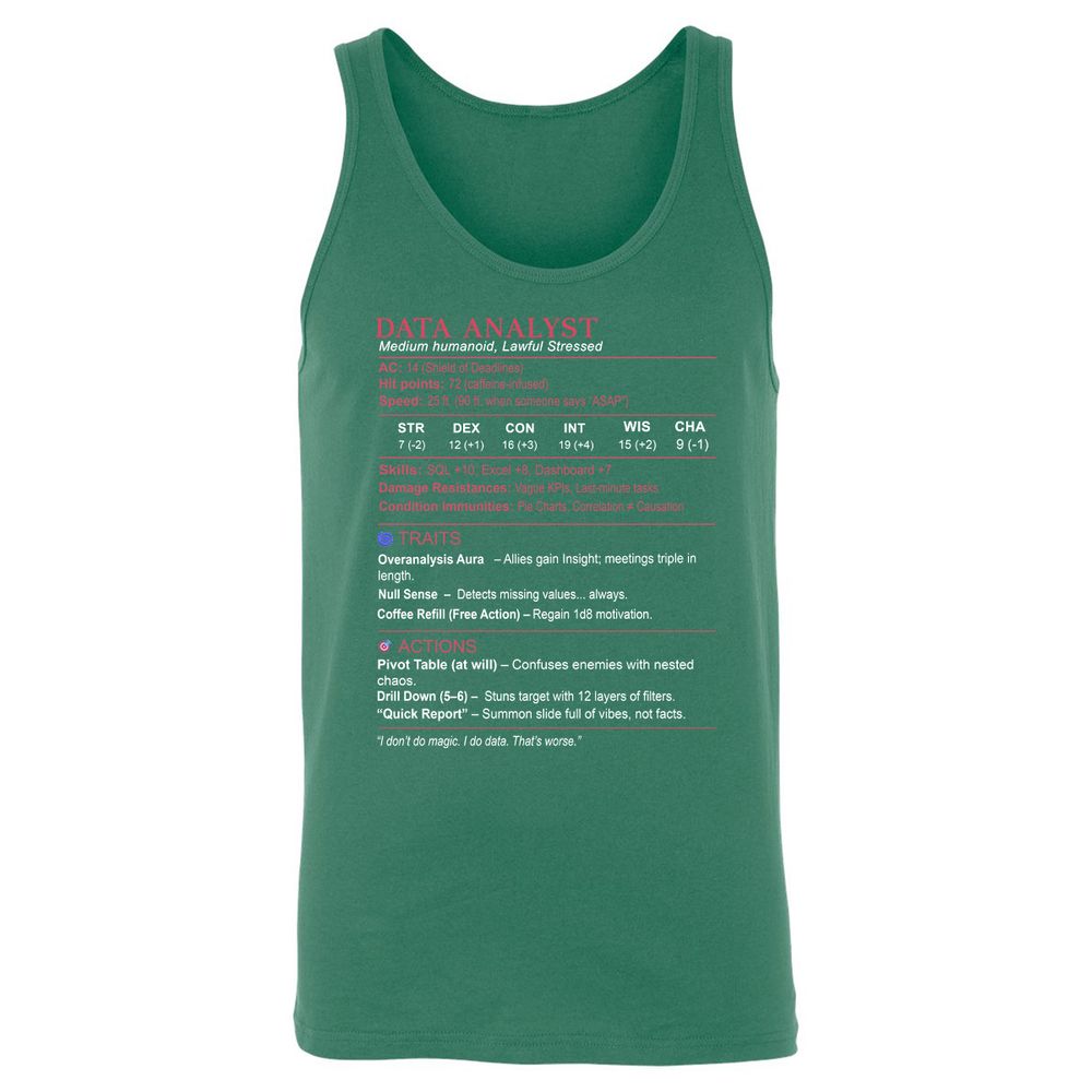 Data Analyst Stats Unisex Jersey Tank - Kelly - 9