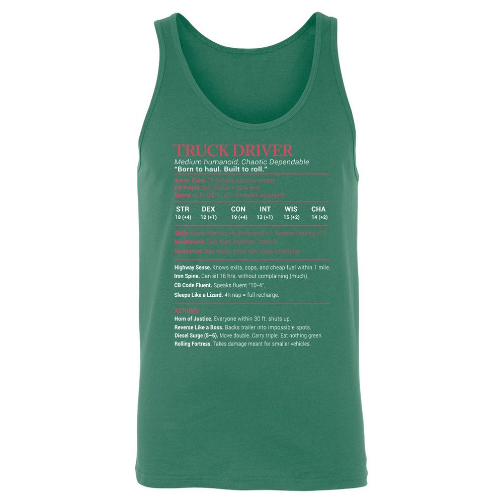 Truck Driver Stats Unisex Jersey Tank - Kelly - 9