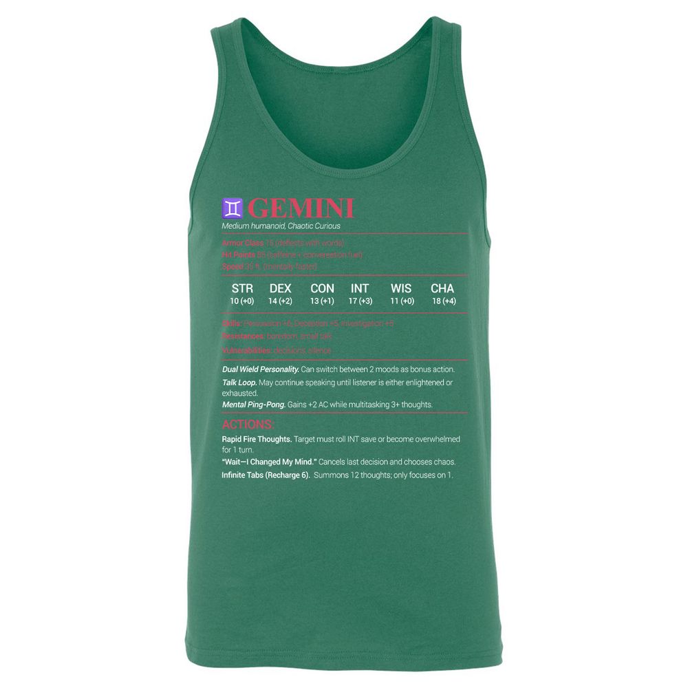 Gemini Stats Unisex Jersey Tank - Kelly - 9