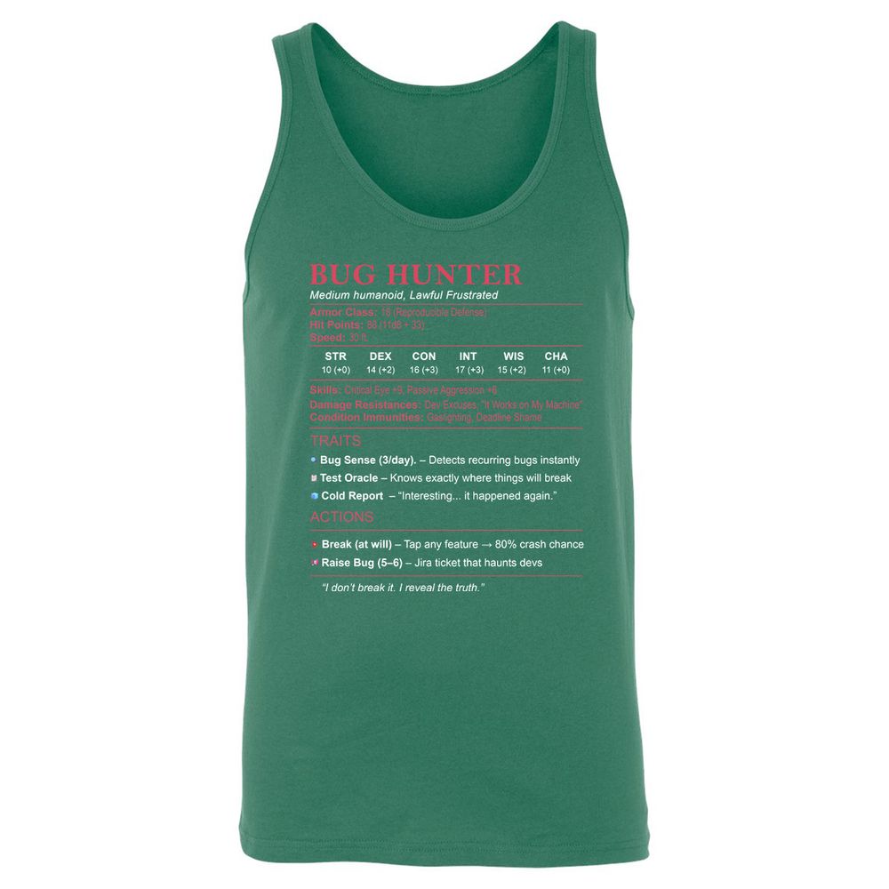 Tester Stats (Bug Hunter) Unisex Jersey Tank - Kelly - 9