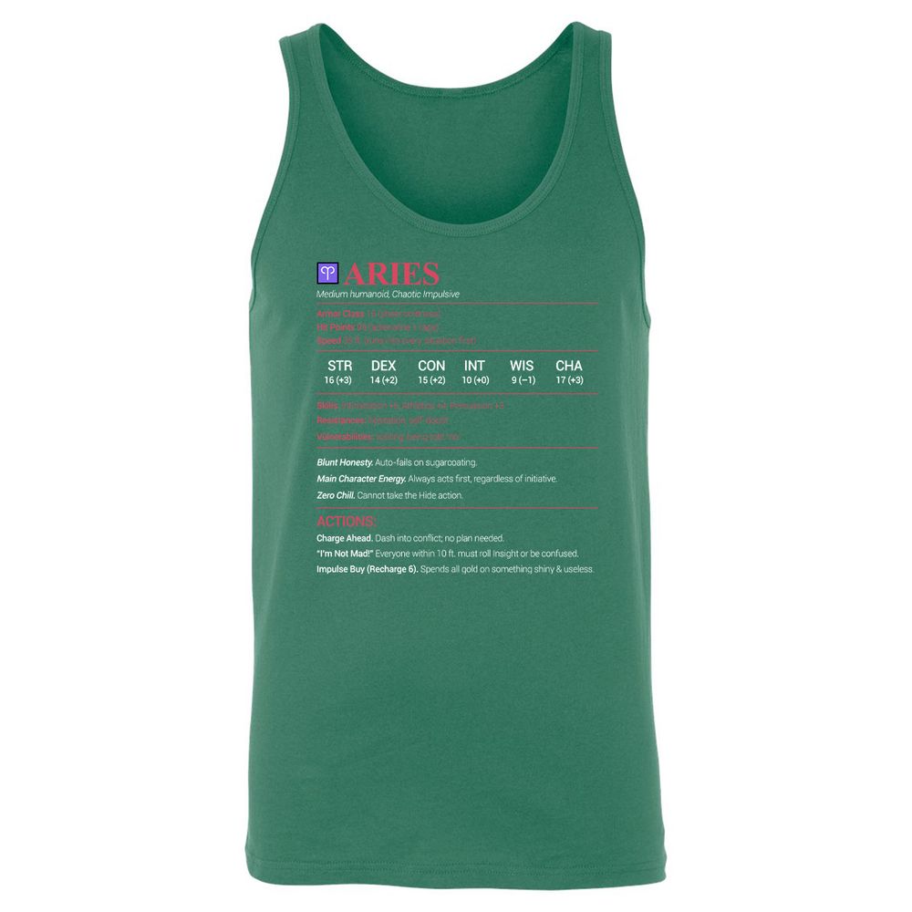 Aries Stats Unisex Jersey Tank - Kelly - 9