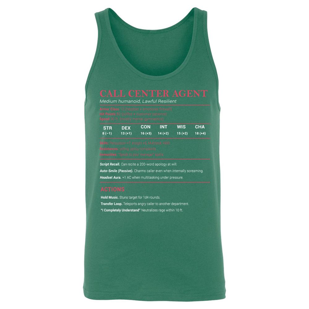 Call Center Agent Stats Unisex Jersey Tank - Kelly - 9
