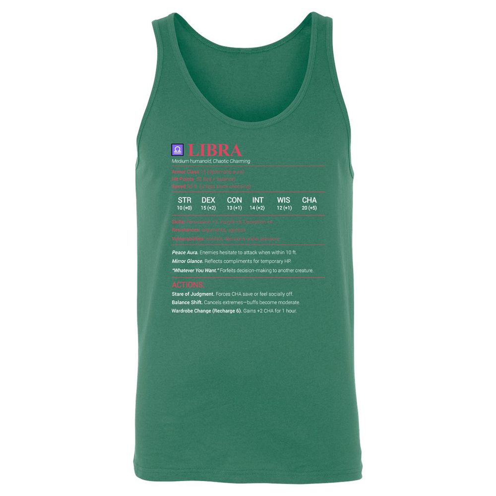 Libra Stats Unisex Jersey Tank - Kelly - 9