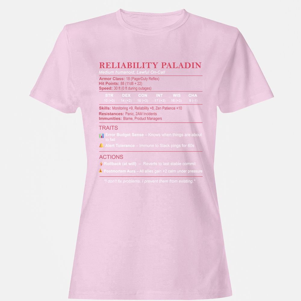 SRE Stats (Reliability Paladin) Women's T-Shirt - Light Pink - 9
