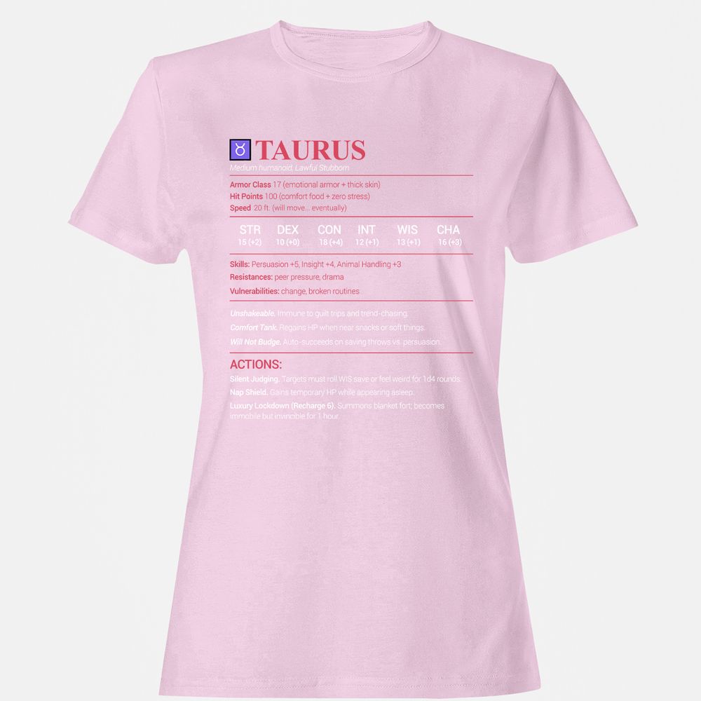 Taurus Stats Women's T-Shirt - Light Pink - 9