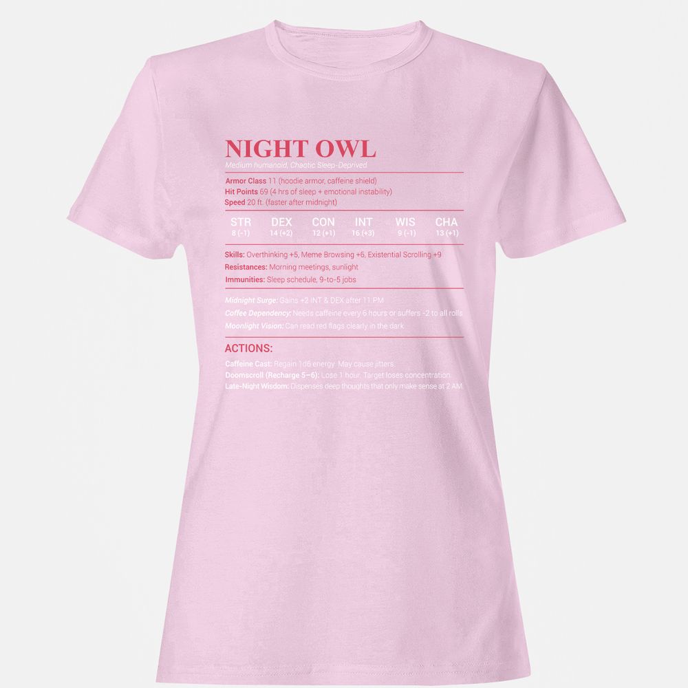 Night Owl Stats Women's T-Shirt - Light Pink - 9