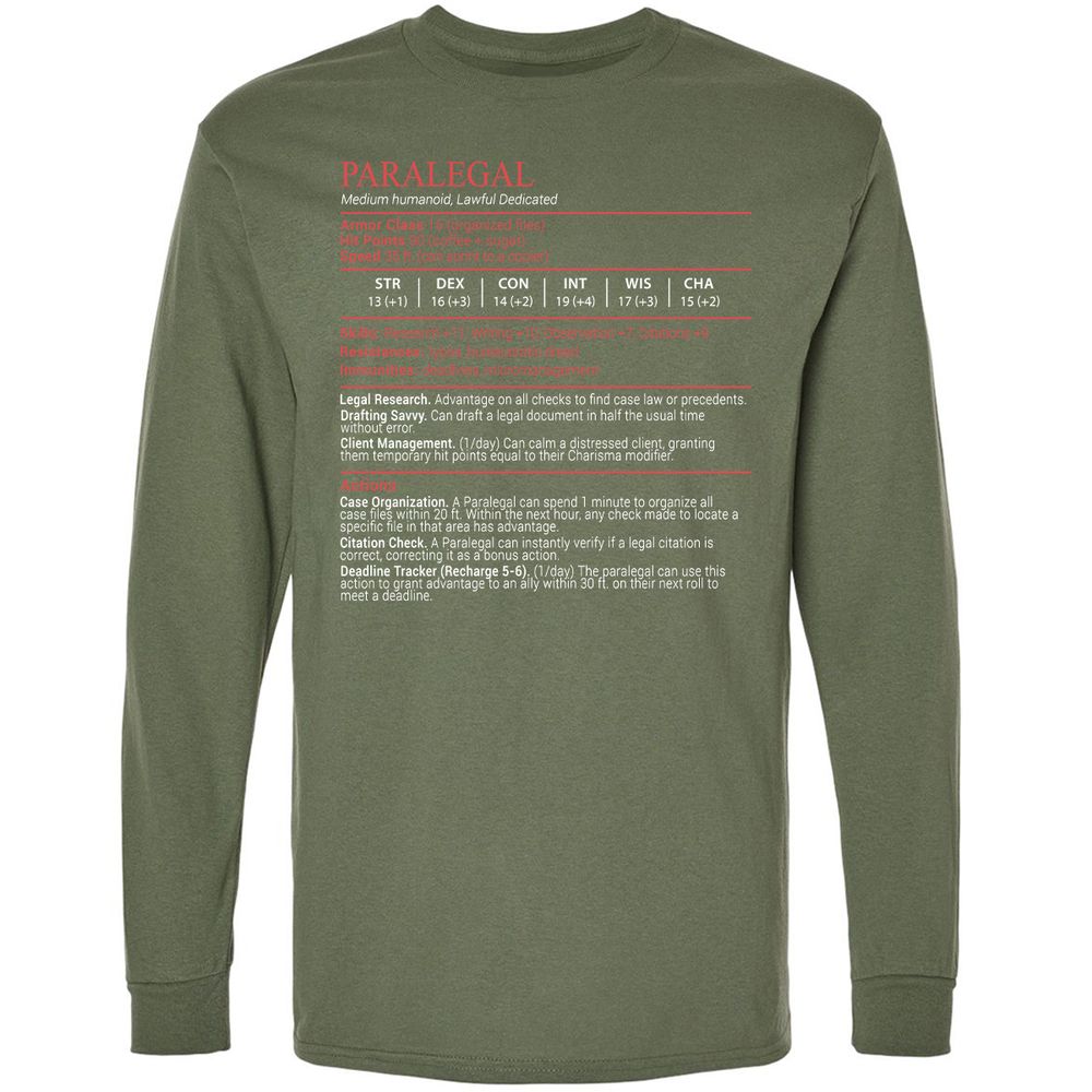 Paralegal Stats Block Long Sleeve T-Shirt - Military Green - 9