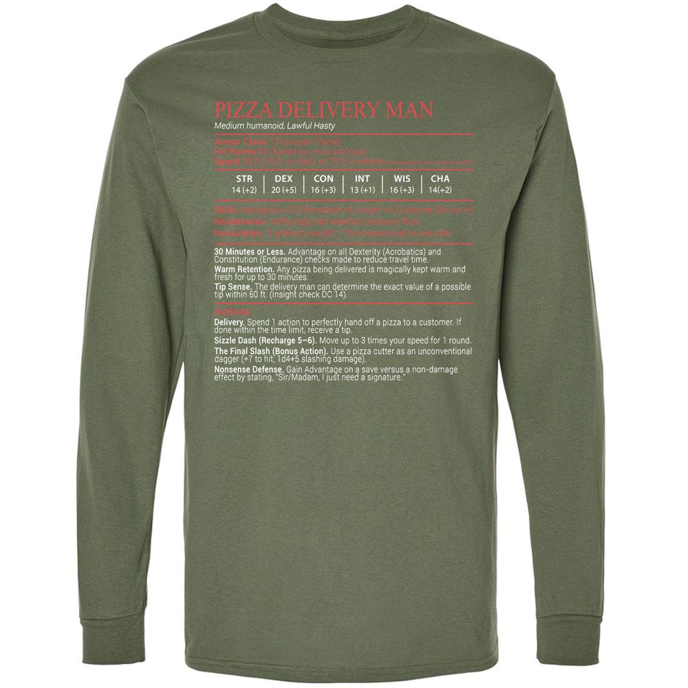 Pizza Delivery Man Stats Block Long Sleeve T-Shirt - Military Green - 9