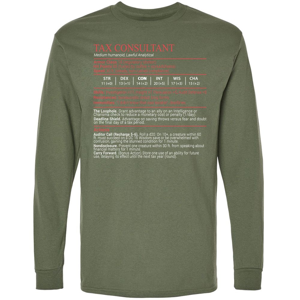 Tax Consultant Stats Block Long Sleeve T-Shirt - Military Green - 9