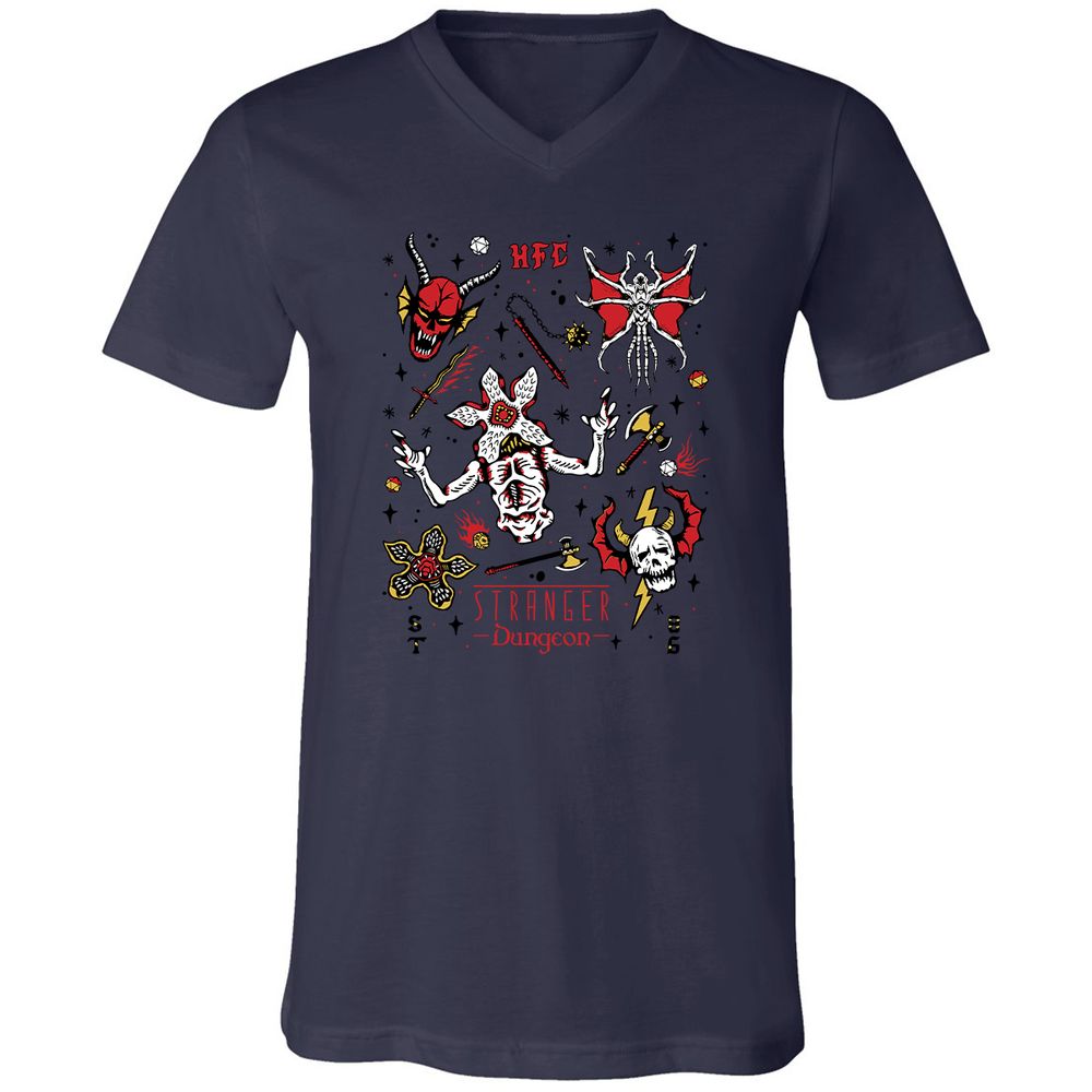 STRANGER DUNGEON Unisex V-Neck T-Shirt - Navy - 9