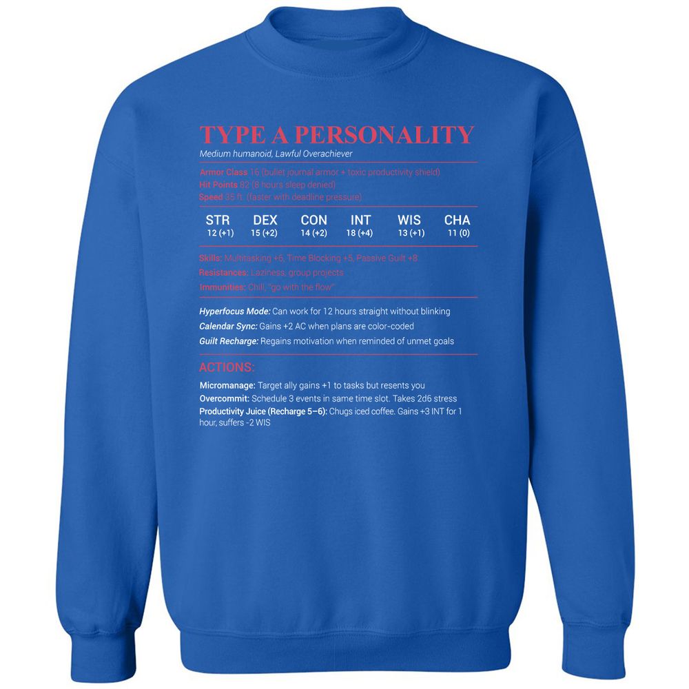 Type A Stats Classic Unisex Sweatshirt - Royal - 9