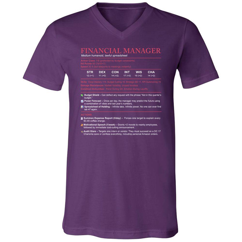 Financial Manager Stats Unisex V-Neck T-Shirt - Team Purple - 9