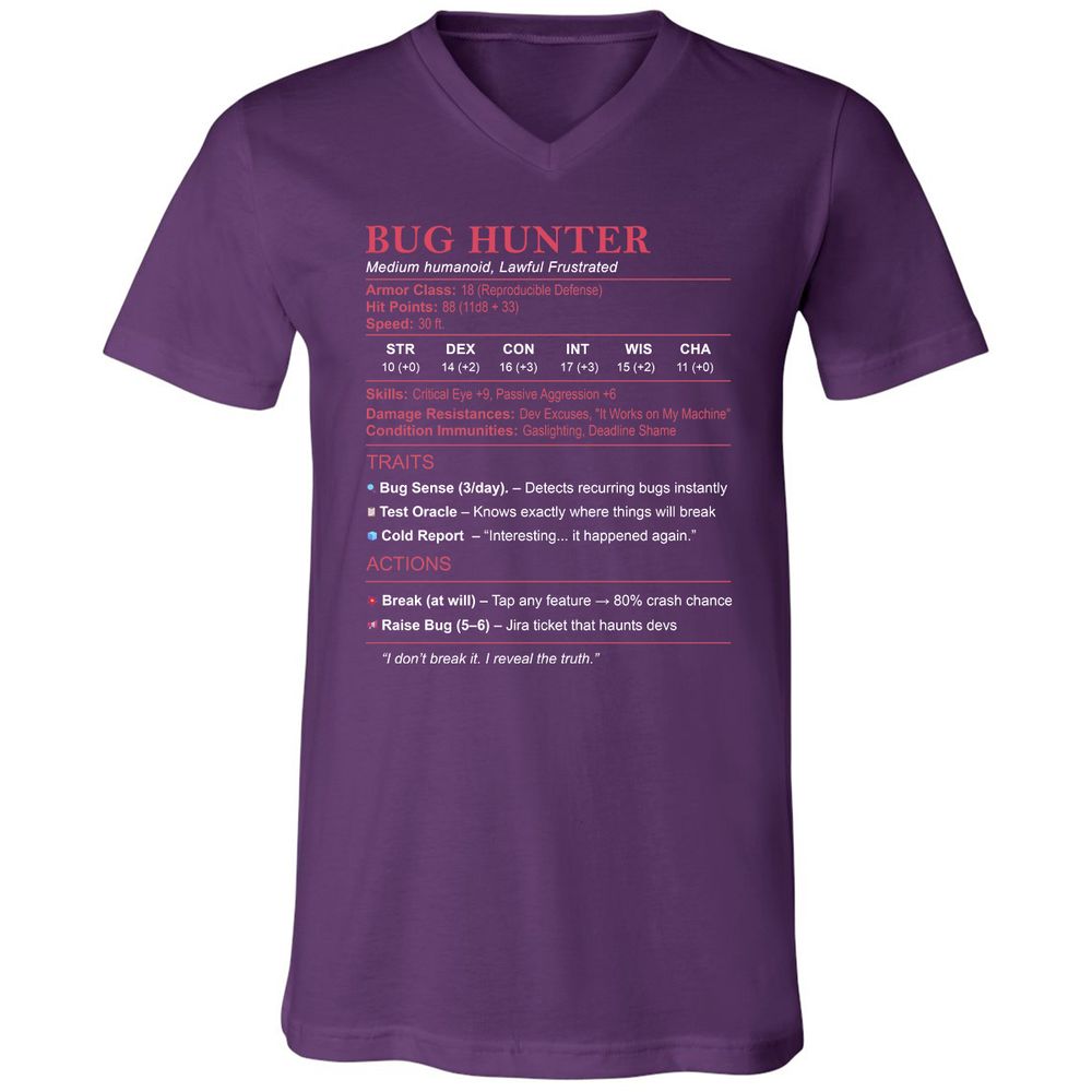 Tester Stats (Bug Hunter) Unisex V-Neck T-Shirt - Team Purple - 9