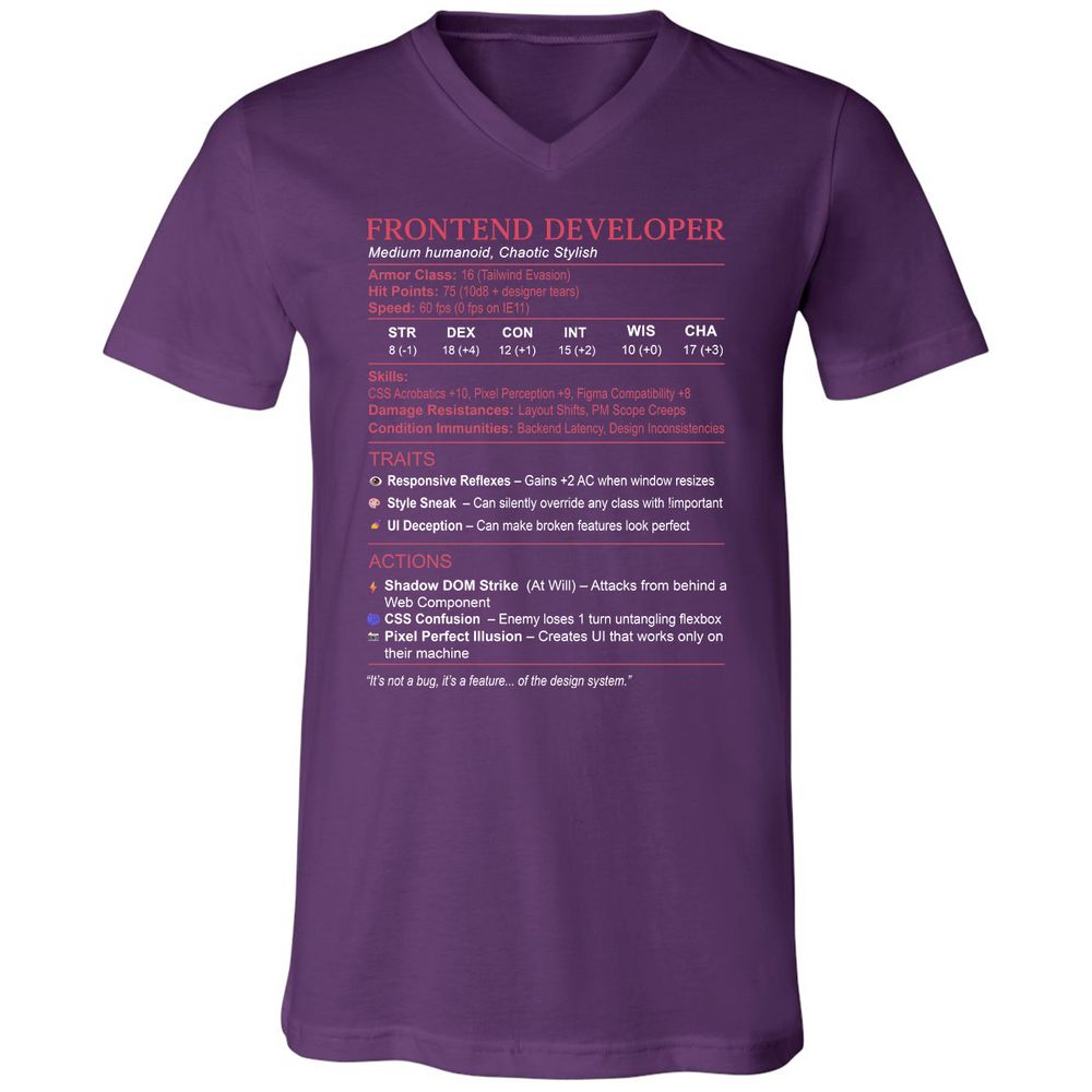 Frontend Developer Stats Unisex V-Neck T-Shirt - Team Purple - 9