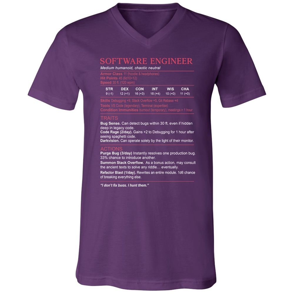 Software Engineer Stats Unisex V-Neck T-Shirt - Team Purple - 9