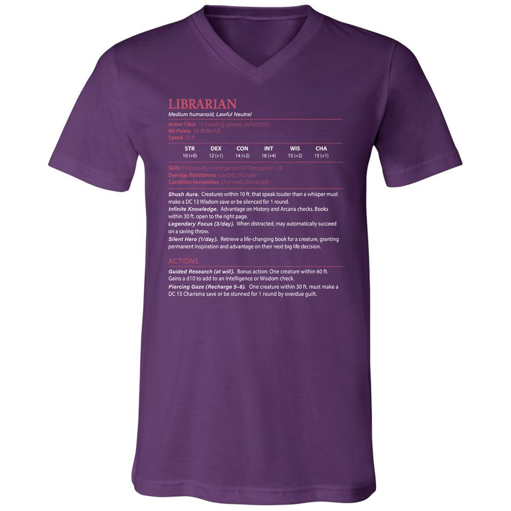 Librarian Stats Unisex V-Neck T-Shirt - Team Purple - 9