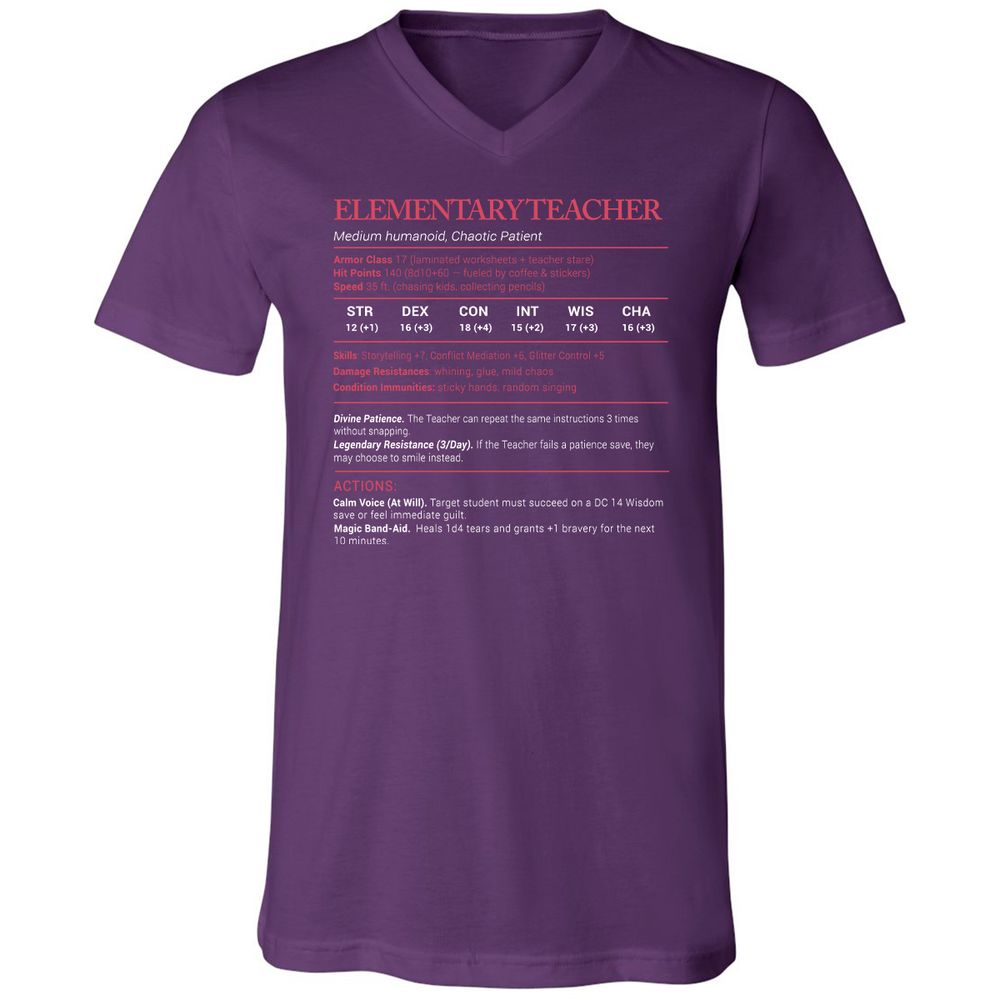 Elementary Teacher Stats Unisex V-Neck T-Shirt - Team Purple - 9