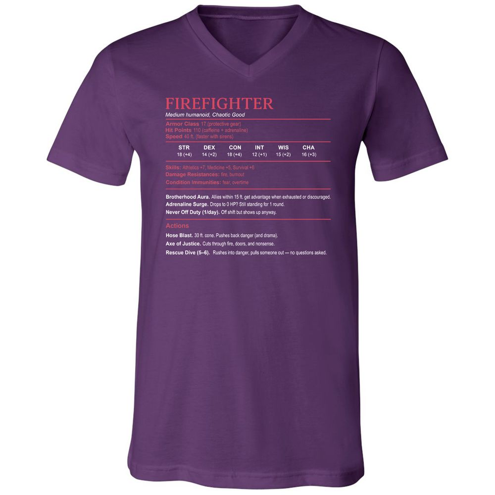 Firefighter Stats Unisex V-Neck T-Shirt - Team Purple - 9