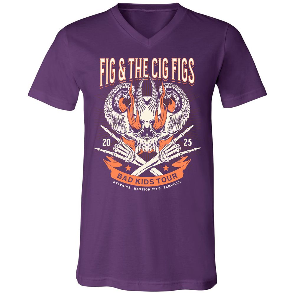 Fig and the Cig Figs, Dimension 20 Unisex V-Neck T-Shirt - Team Purple - 9