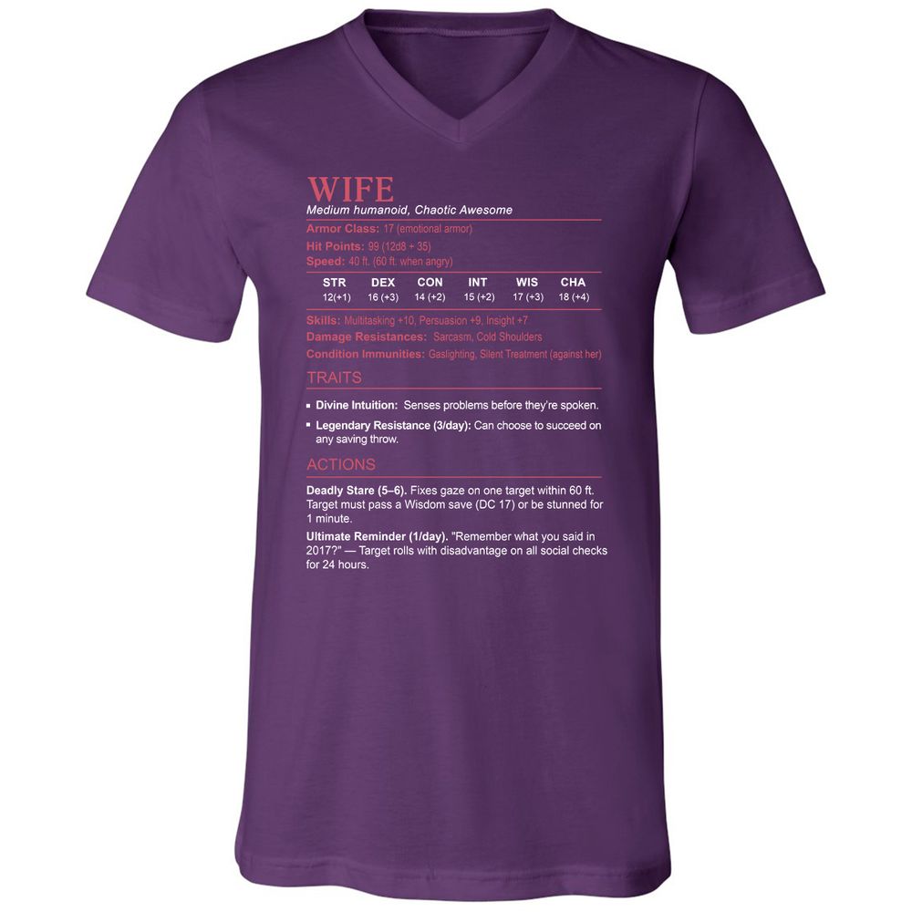 Wife Stats Unisex V-Neck T-Shirt - Team Purple - 9