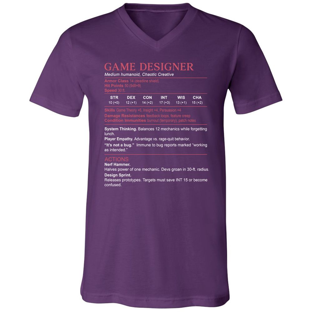 Game Designer Stats Unisex V-Neck T-Shirt - Team Purple - 9