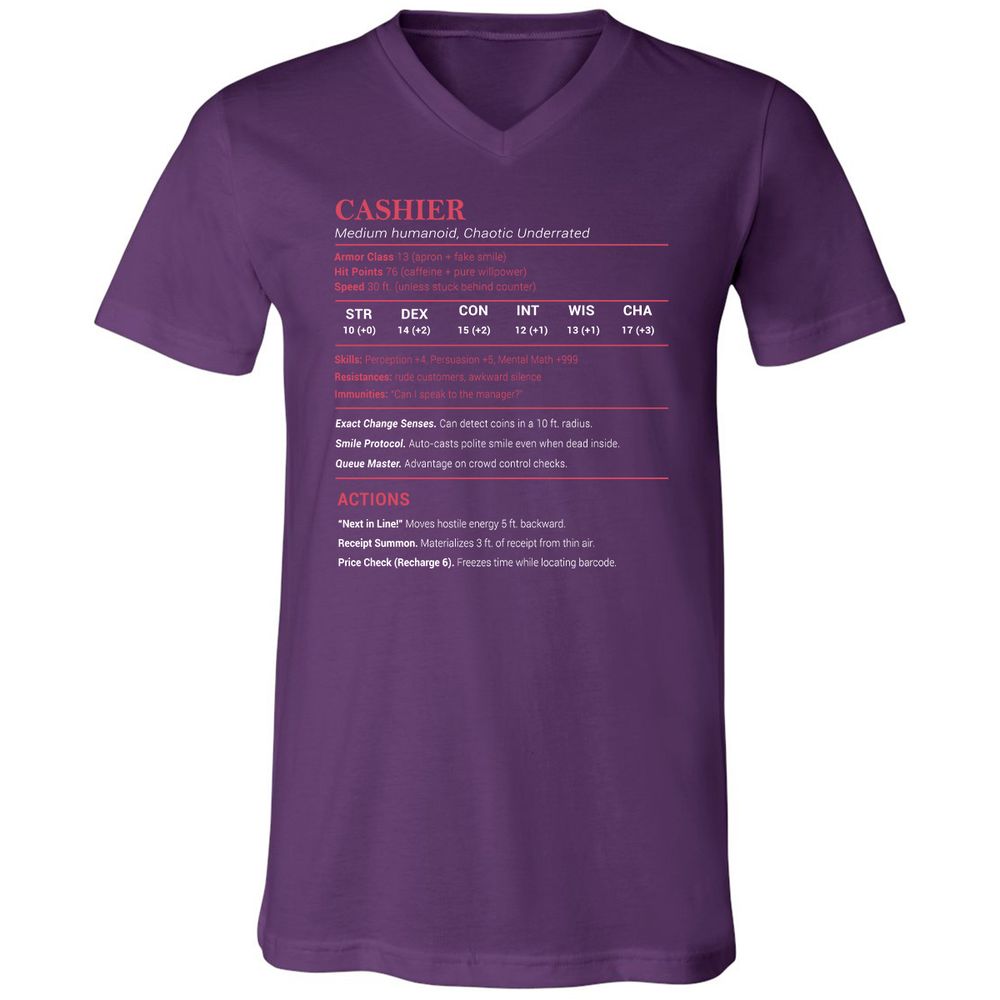 Cashier Stats Unisex V-Neck T-Shirt - Team Purple - 9