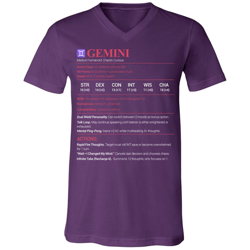Gemini Stats Unisex V-Neck T-Shirt - Team Purple - 9