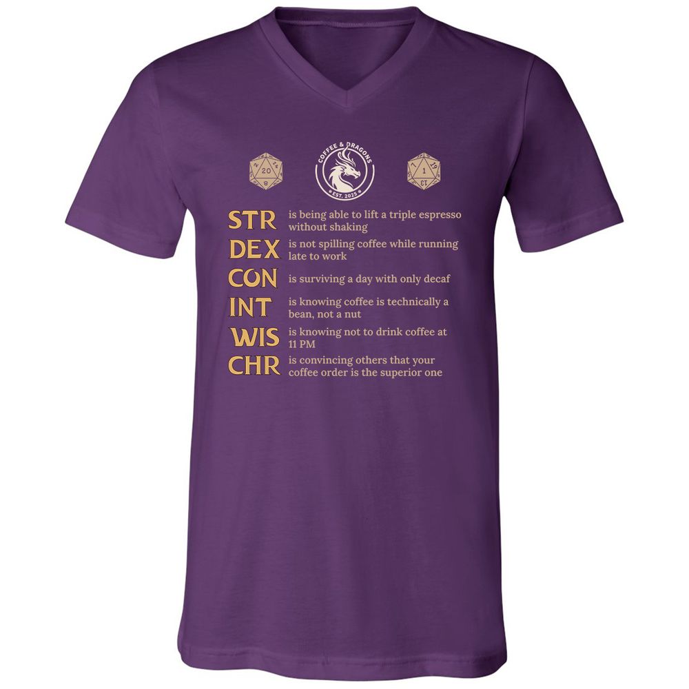 Coffee & Dragons RPG Stats Unisex V-Neck T-Shirt - Team Purple - 9