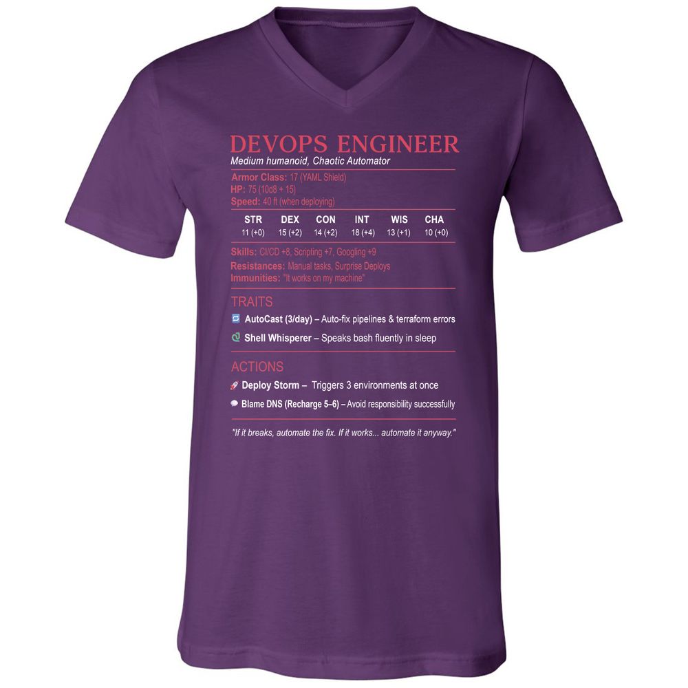 DevOps Engineer Stats Unisex V-Neck T-Shirt - Team Purple - 9