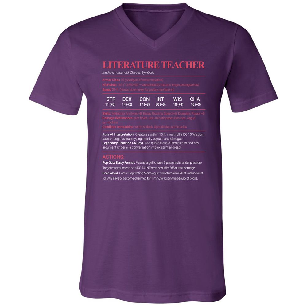 Literature Teacher Unisex V-Neck T-Shirt - Team Purple - 9
