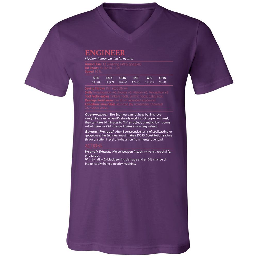 Engineer Stats Unisex V-Neck T-Shirt - Team Purple - 9