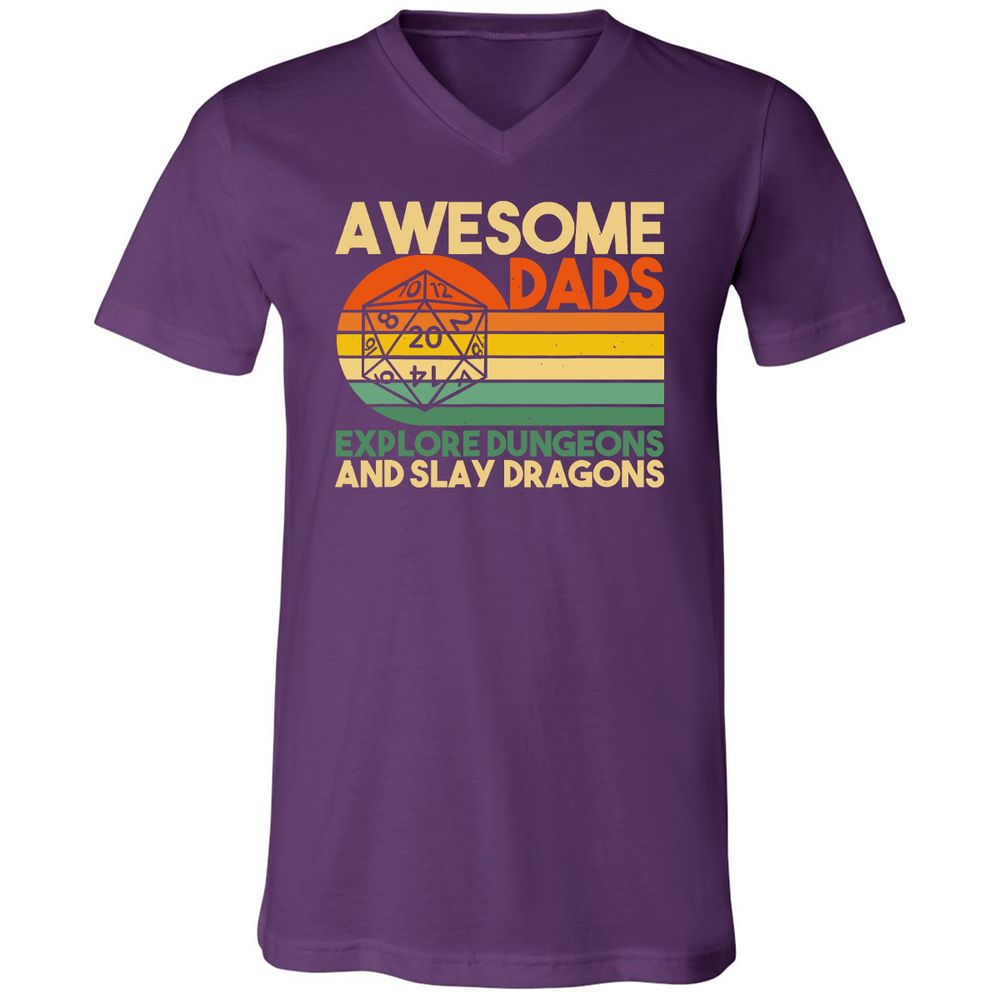 Awesome Dad Explore Dungeons Slay Dragons Unisex V-Neck T-Shirt - Team Purple - 9
