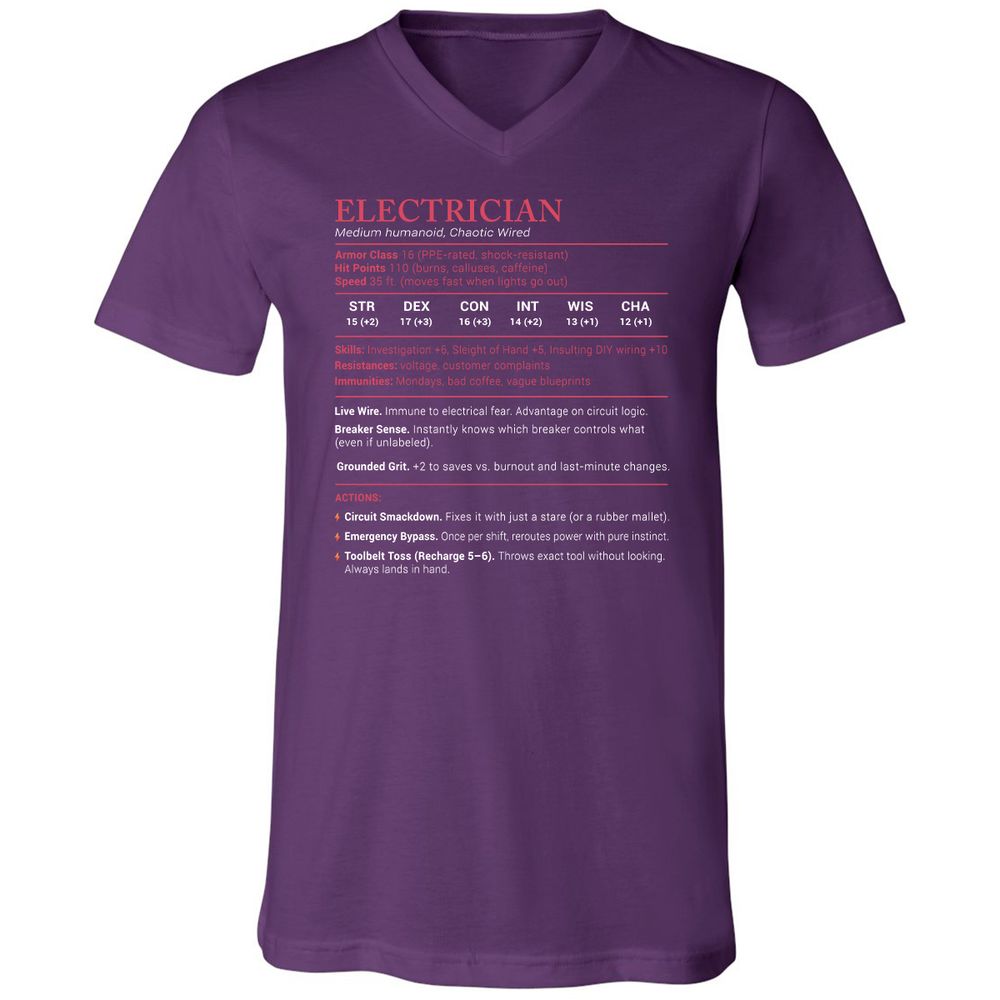 Electrician Stats Unisex V-Neck T-Shirt - Team Purple - 9