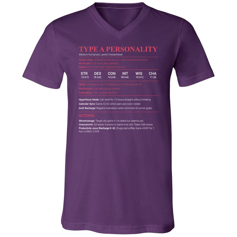 Type A Stats Unisex V-Neck T-Shirt - Team Purple - 9