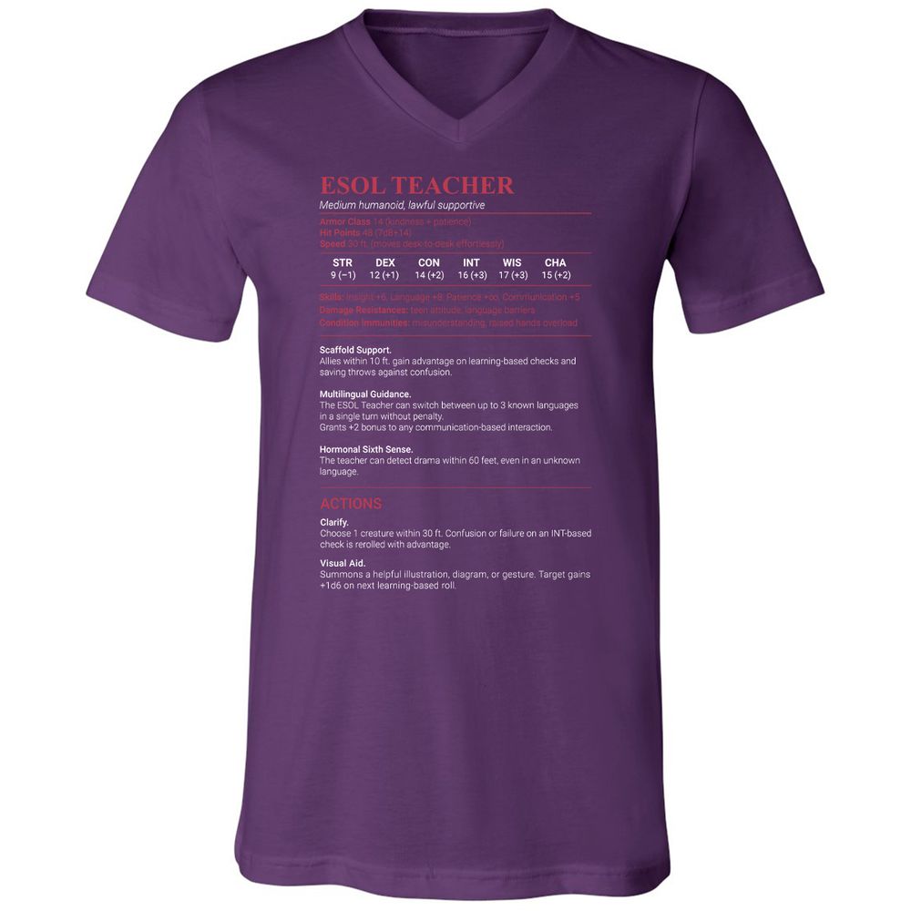 ESOL Teacher Unisex V-Neck T-Shirt - Team Purple - 9