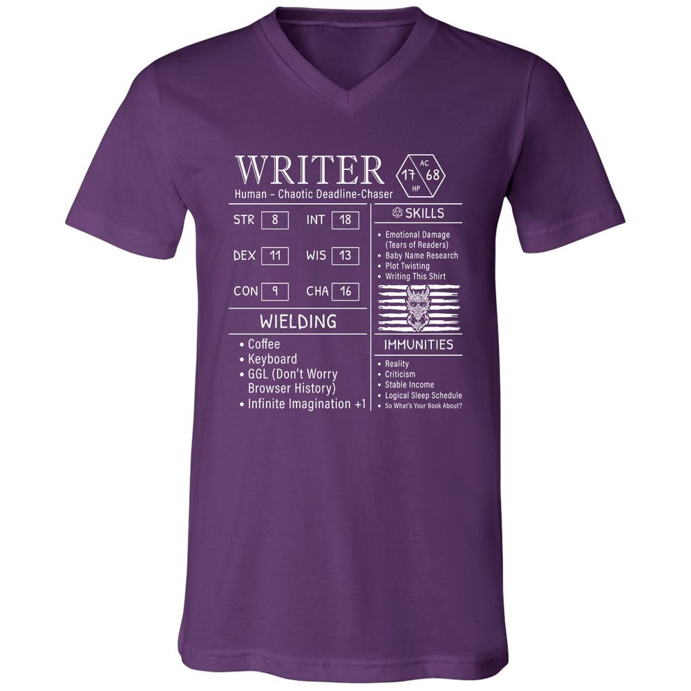 Writer Stats New Unisex V-Neck T-Shirt - Team Purple - 9