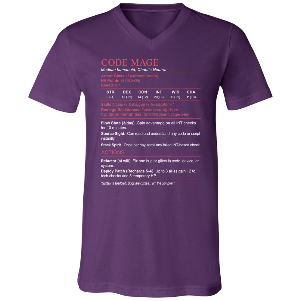 Code Mage Stats Unisex V-Neck T-Shirt - Team Purple - 9