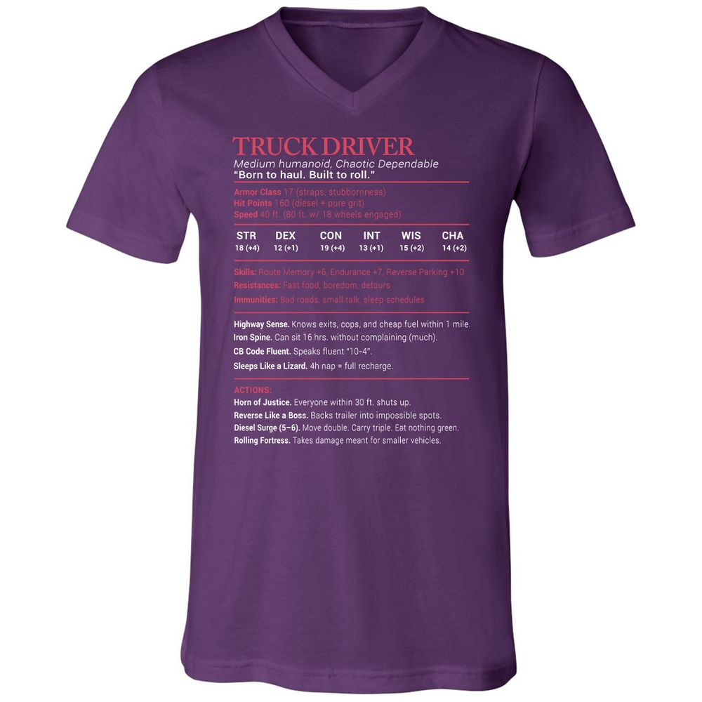 Truck Driver Stats Unisex V-Neck T-Shirt - Team Purple - 9