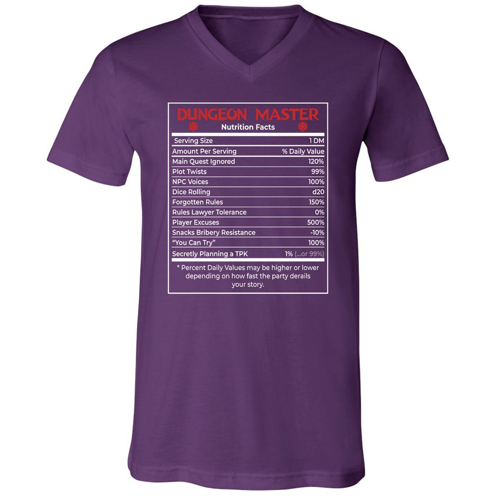 Dungeon Master Nutrition Facts Unisex V-Neck T-Shirt - Team Purple - 9