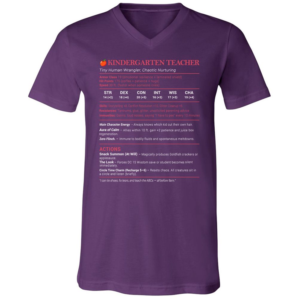 Kindergarten Teacher Stats Unisex V-Neck T-Shirt - Team Purple - 9