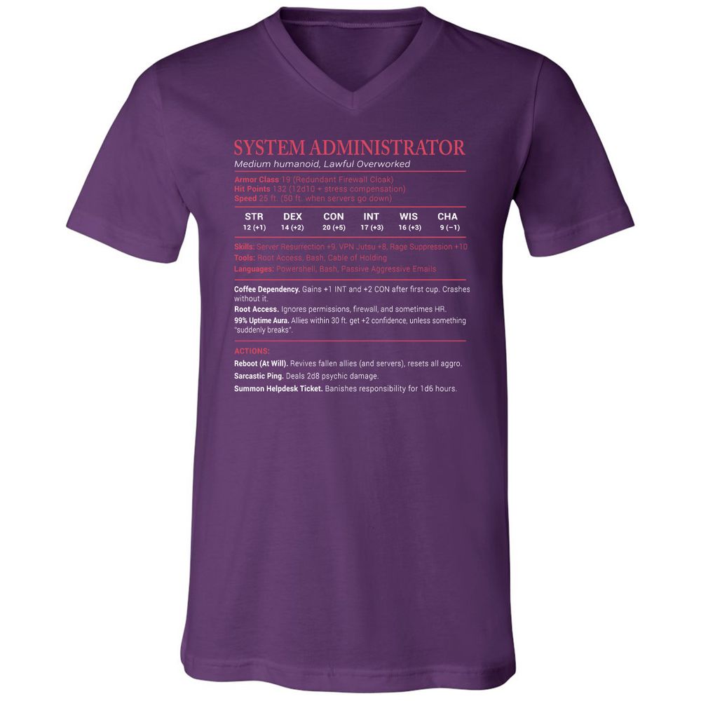 System Administrator Stats Unisex V-Neck T-Shirt - Team Purple - 9