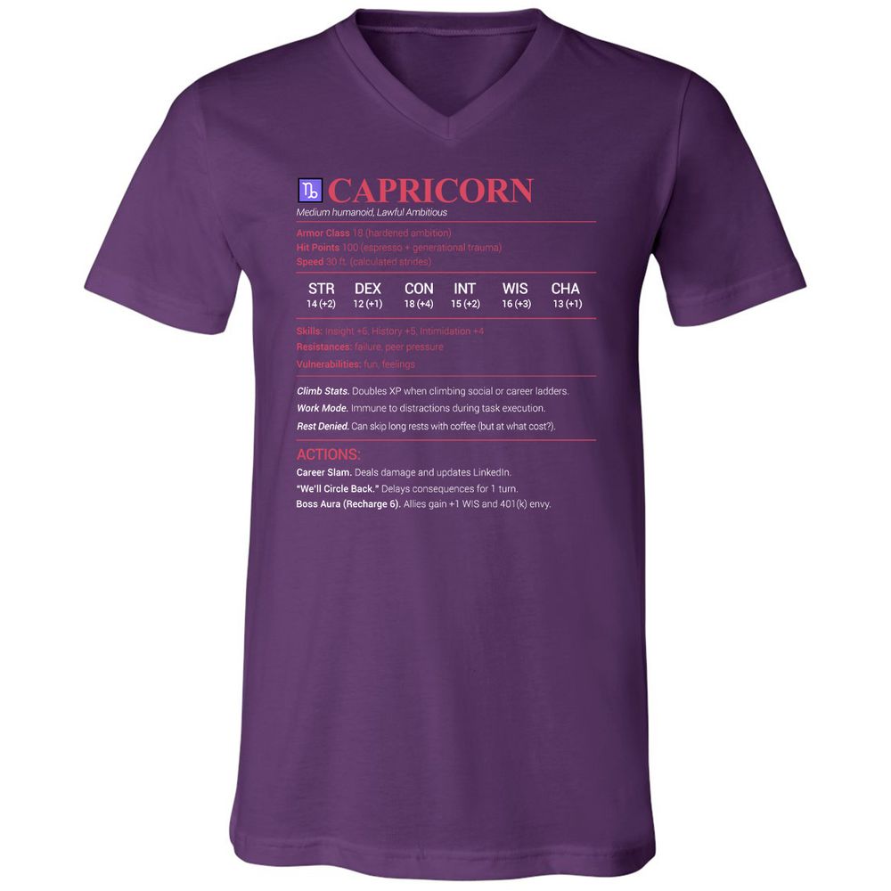 Capricorn Stats Unisex V-Neck T-Shirt - Team Purple - 9