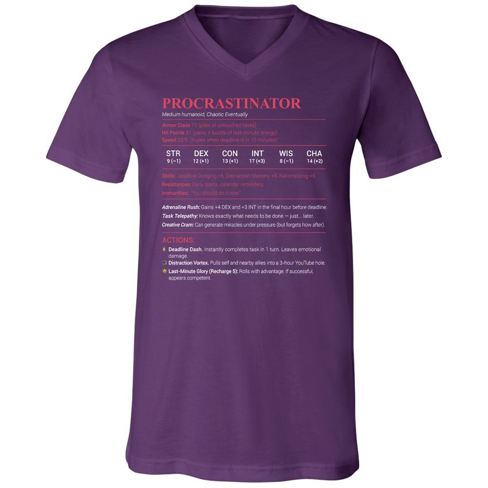 Procrastinator Stats Unisex V-Neck T-Shirt - Team Purple - 9